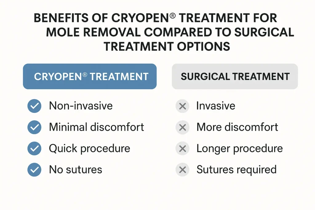 Table to show the benefits of getting moles removed Chesham from LA LIPO