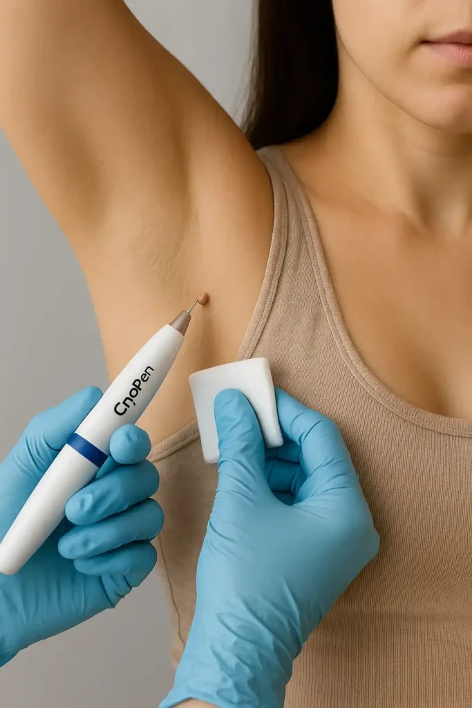 woman having cryopen to remove underarm skin tags Chesham