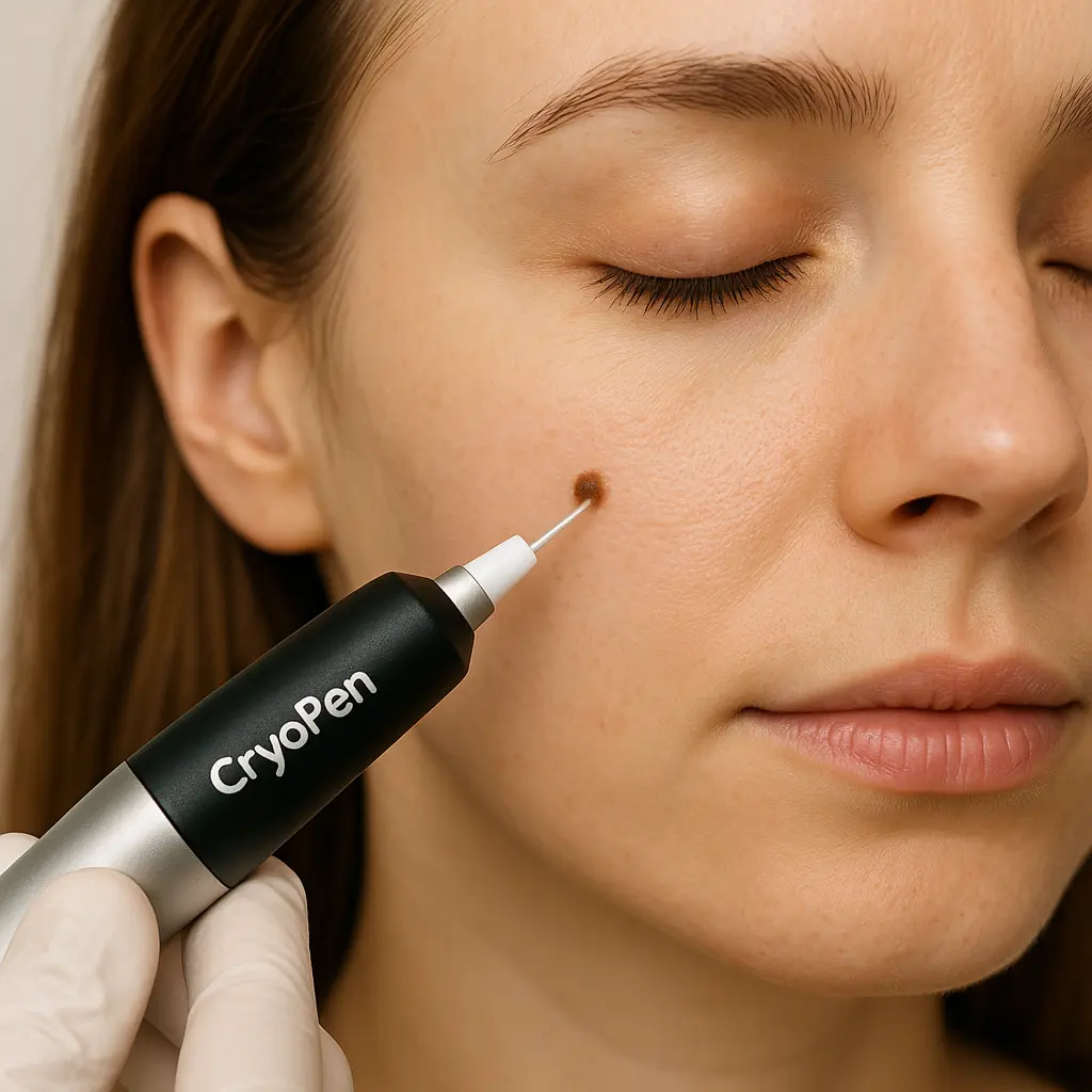 woman receiving facial mole removal Chesham using cryopen 