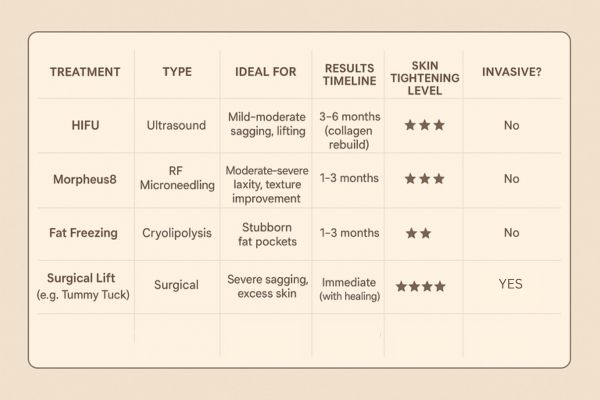 Table showing the comparisons of Skin tightening Chesham treatment options.